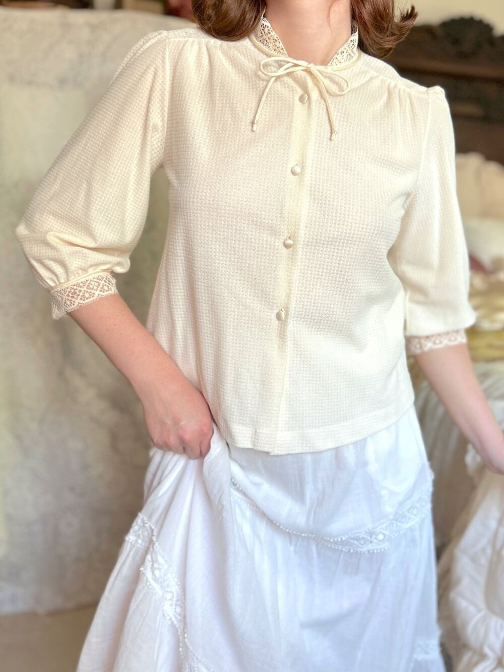 Vintage Lace Collar Blouse Bed Jacket, Cream Color, Vanity Fair, Cottagecore